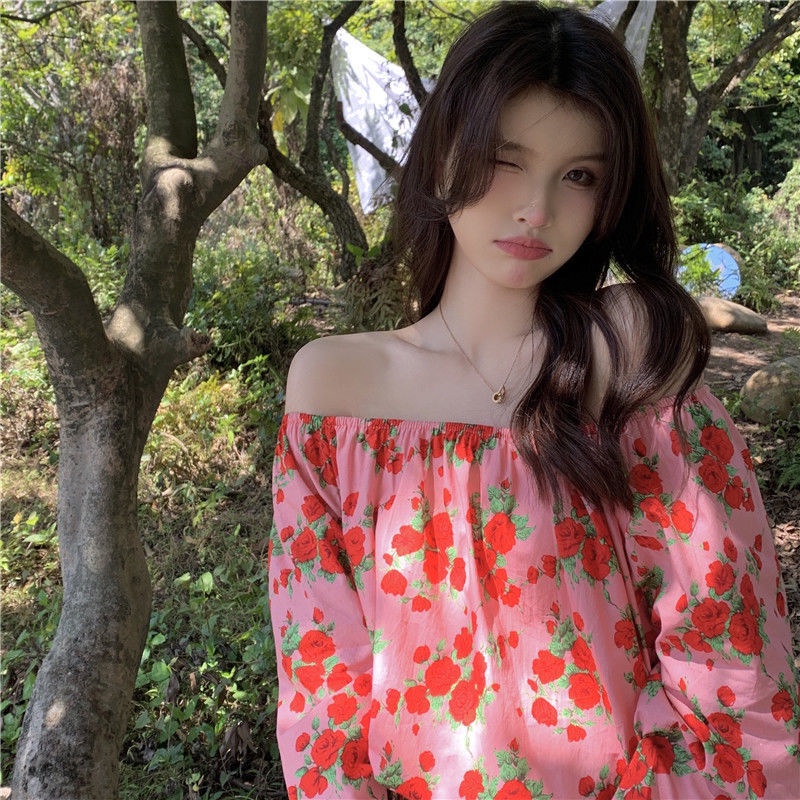 Áo Sơ Mi Nữ Trễ Vai Dáng Rộng In Hình Hoa Hồng Ngọt Ngào