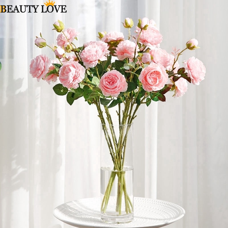 Bó Hoa Mẫu Đơn / Hoa Mẫu Đơn / Hoa Mẫu Đơn Giả Bằng Lụa 3 Đầu Màu Hồng / Trắng Trang Trí Sân Vườn / Bó Hoa Mẫu Đơn Màu Sắc