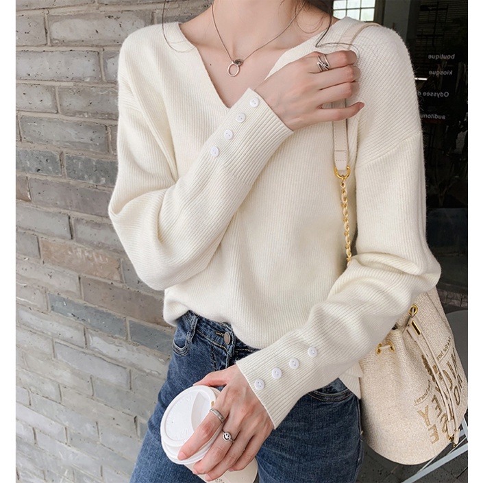 Áo sweater tay dài dáng rộng cổ chữ v thời trang xinh xắn cho nữ