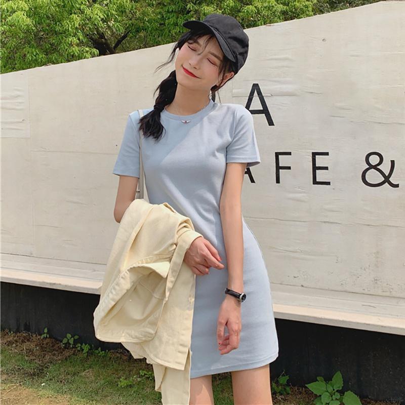 Đầm Chữ A Tay Ngắn Cổ Tròn Màu Trơn Phong Cách Hàn Quốc Thời Trang Cho Nữ
