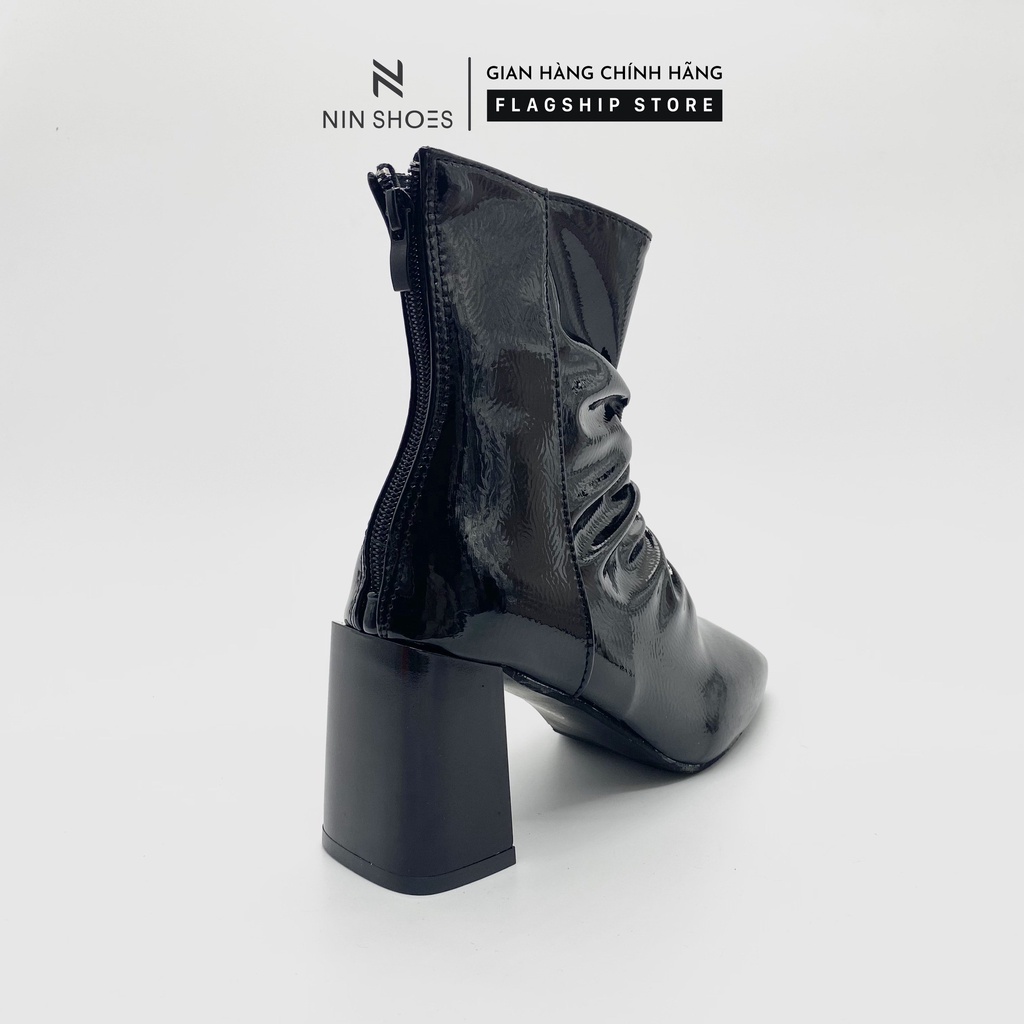 Giày Boot nữ 7p gót vuông chỉ giữa da bóng nhăn kéo khoá sau Ninshoes | WebRaoVat - webraovat.net.vn