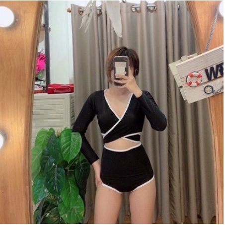 Bikini Đồ bơi tay dài đi biển màu đen viền trắng cột dây ngực KONKUN MS04