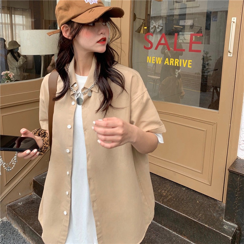 Áo sơ mi nữ SUXI tay ngắn dáng rộng màu trơn kiểu Hàn Quốc thời trang mùa hè