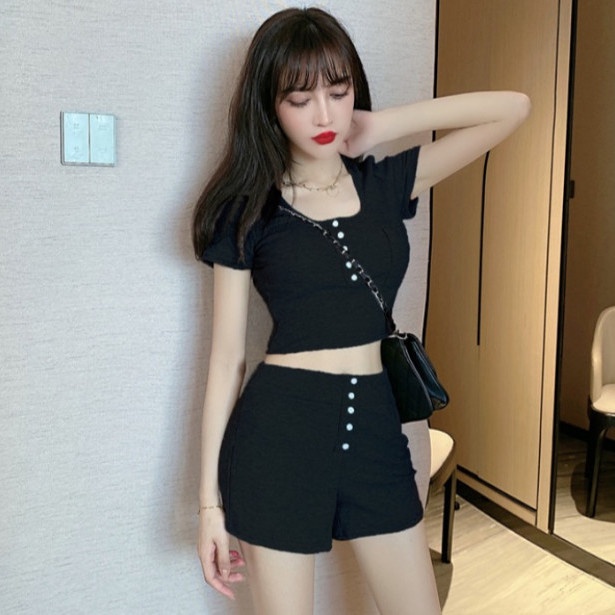 Set Áo Croptop + Quần Short Lưng Cao Năng Động Thời Trang Cho Nữ