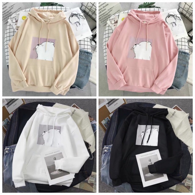 Áo hoodie vải nỉ lót bông dày in gấu cute