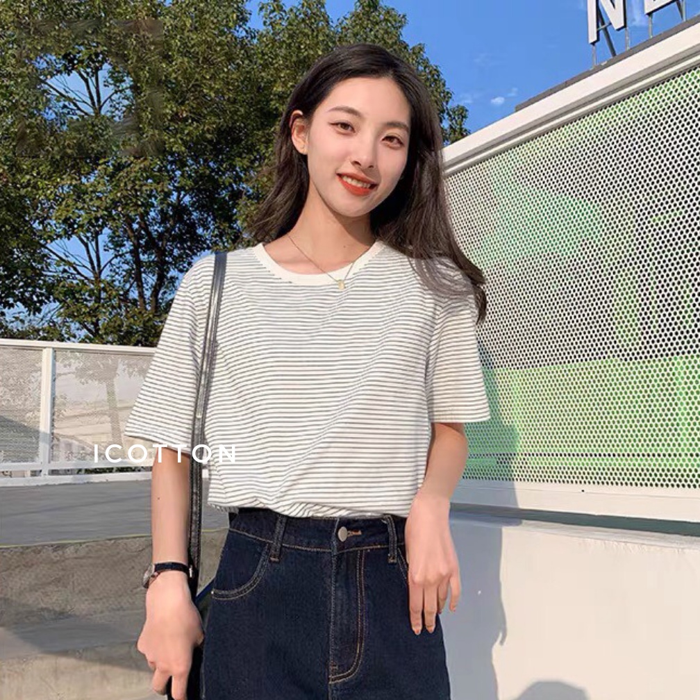 Áo thun nữ tay lỡ form rộng Icotton  áo phông nữ dáng rộng sọc ngang mềm mại cá tính