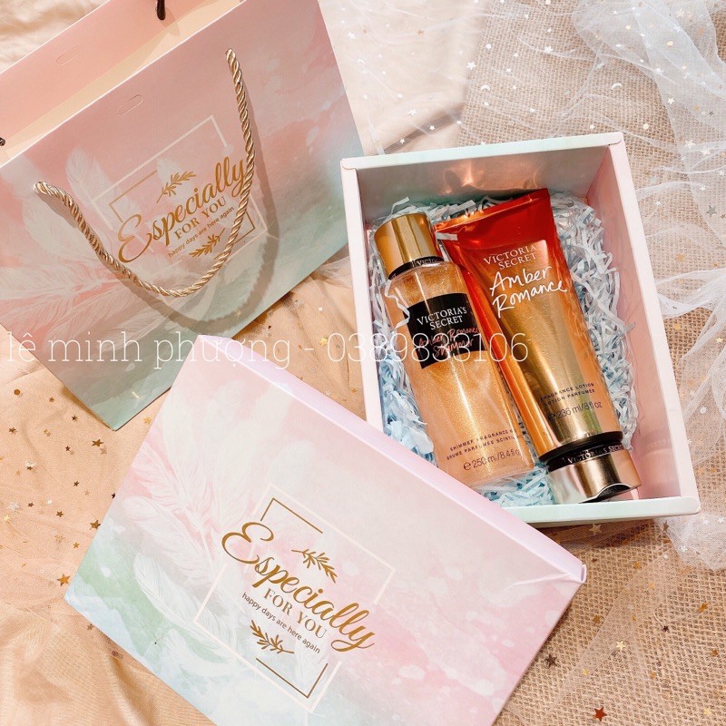 set xịt dưỡng thể body mist và lotion kem dưỡng victoria secret amber ,aqua kiss ,velvet petals