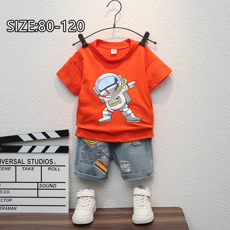 SUGE Bộ Đồ Ngủ Áo Thun Tay Ngắn Phối Quần Short Vải Cotton Mềm In Hoạt Hình Phi Hành Gia Dễ Thương Cho Bé