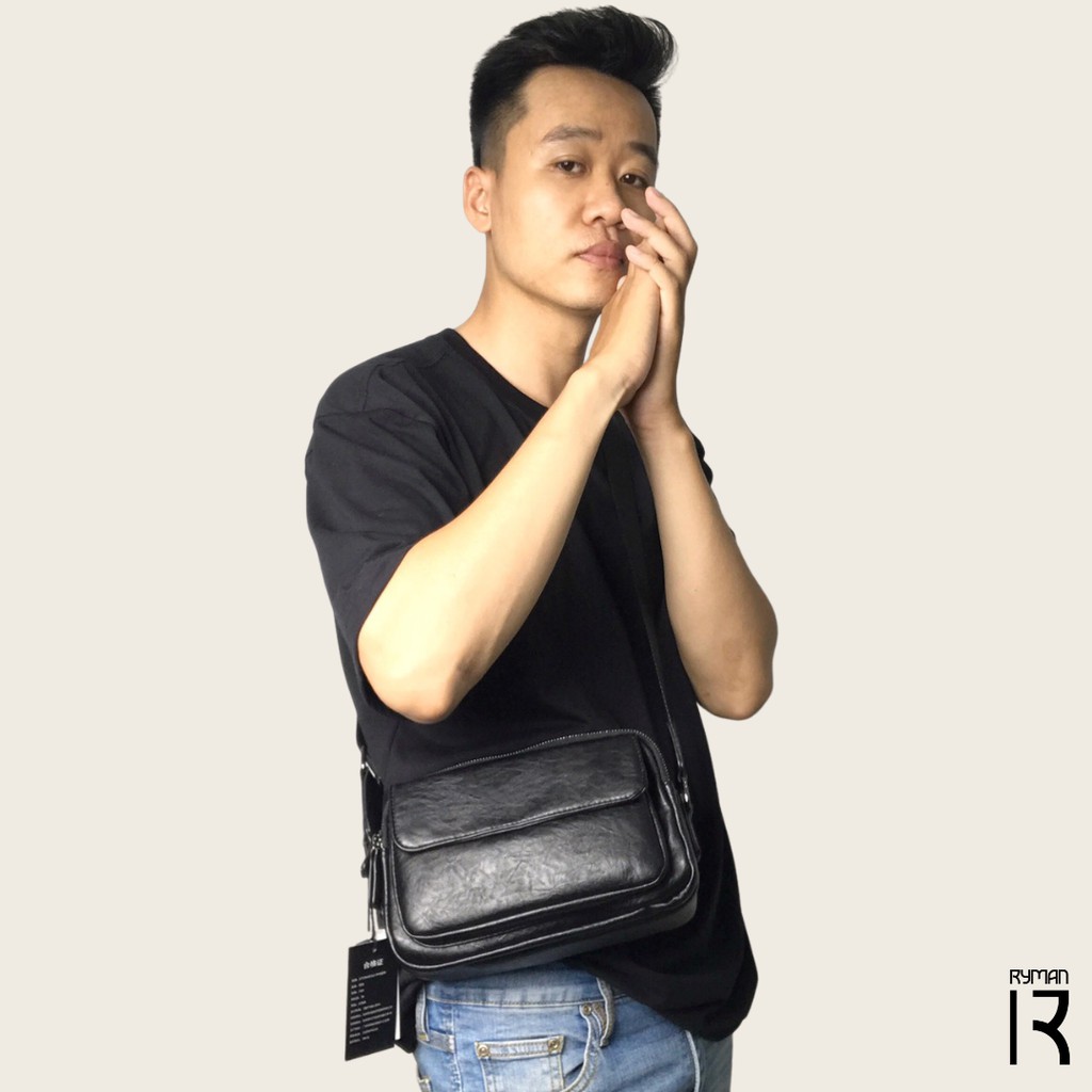 Túi nam đeo chéo đeo vai da PU trơn mềm cao cấp, màu đen 4 ngăn khóa kéo, dây đeo bền đẹp cho học sinh sinh viên đi chơi | BigBuy360 - bigbuy360.vn