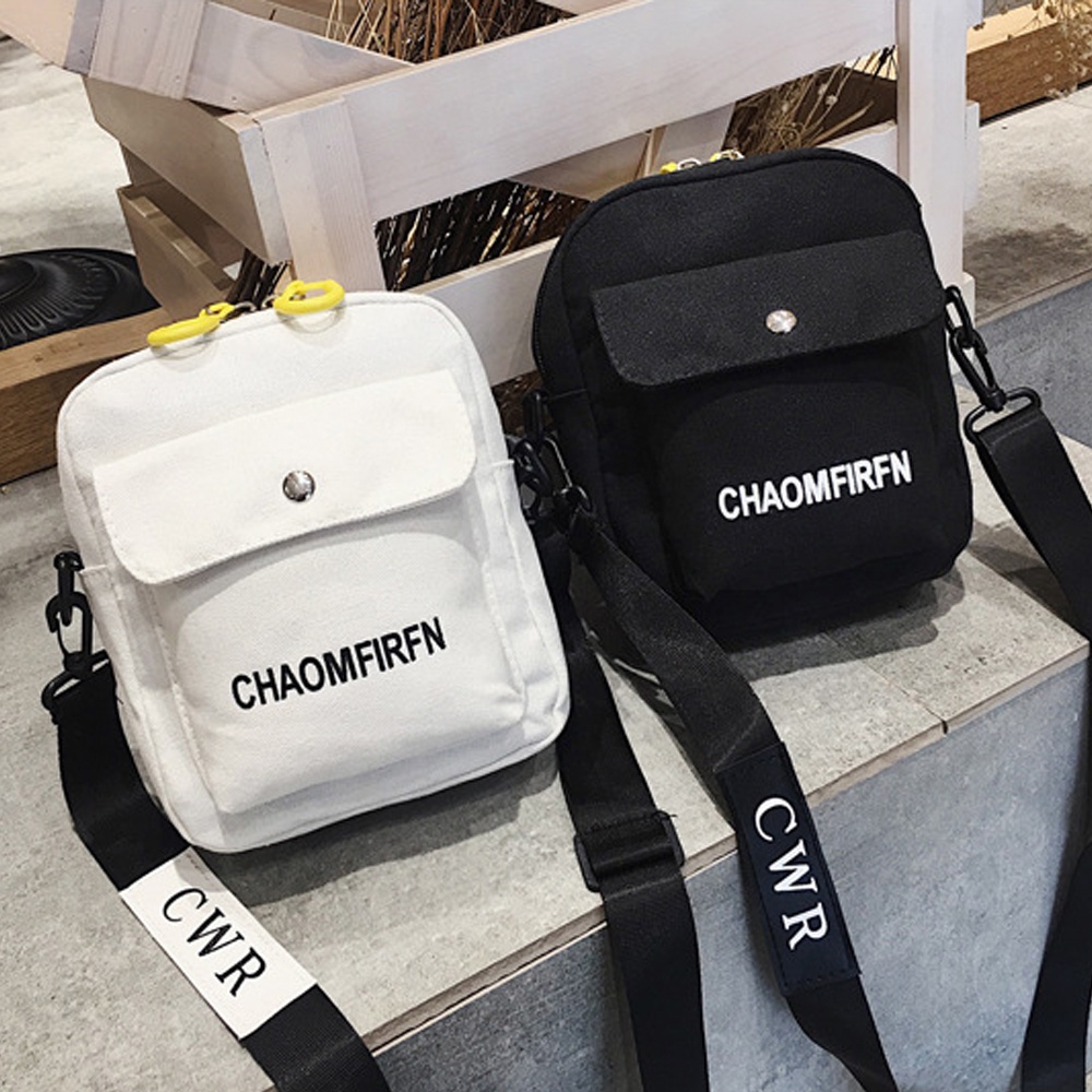 Túi đeo chéo vải canvas có khóa kéo màu trơn họa tiết chữ cái trẻ trung thời trang dành cho nữ
