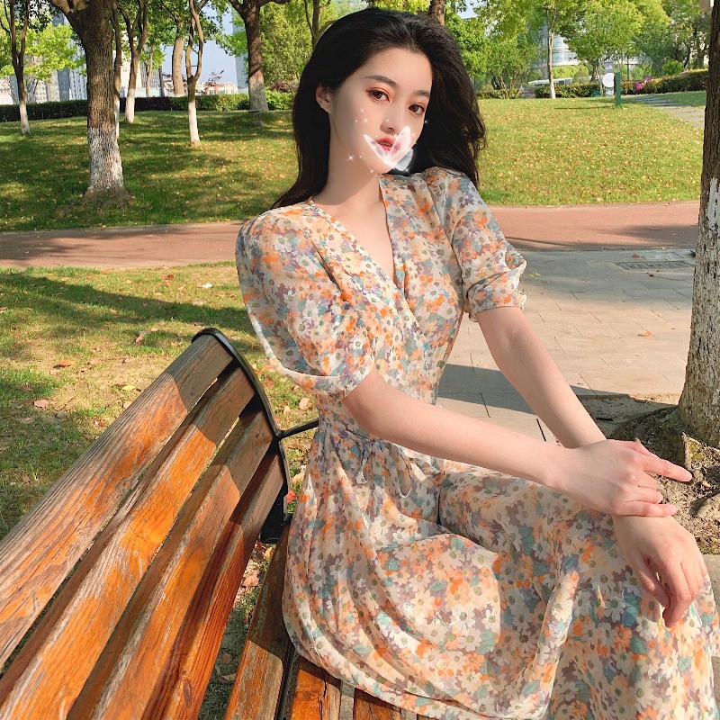 (ORDER-sẵn S) Váy voan hoa dáng xòe dài cổ V tay phồng thắt eo nhẹ nhàng ngọt ngào mùa hè vintage (HÀNG MỚI 2020)