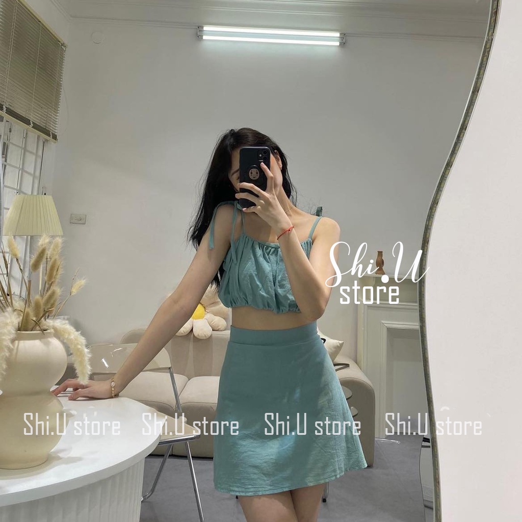 Set áo 2 dây croptop nơ lưng kèm chân váy chữ A 3 màu xinh xắn set du lịch đi biển