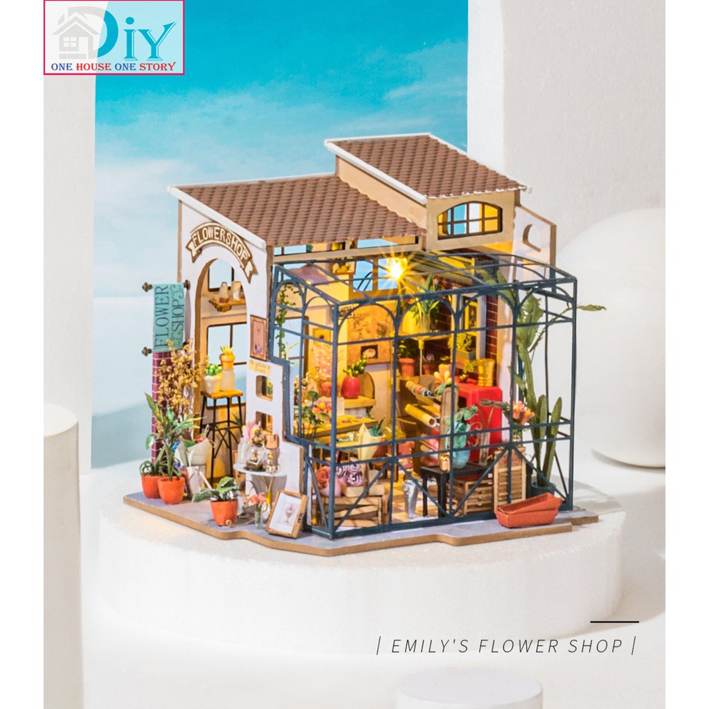 [Bản tiếng Anh]Mô hình nhà tự lắp ráp bằng gỗ Dollhouse DIY EMILY'S FLOWER SHOP - Robotime mã DG145 (Kèm nhíp + keo)