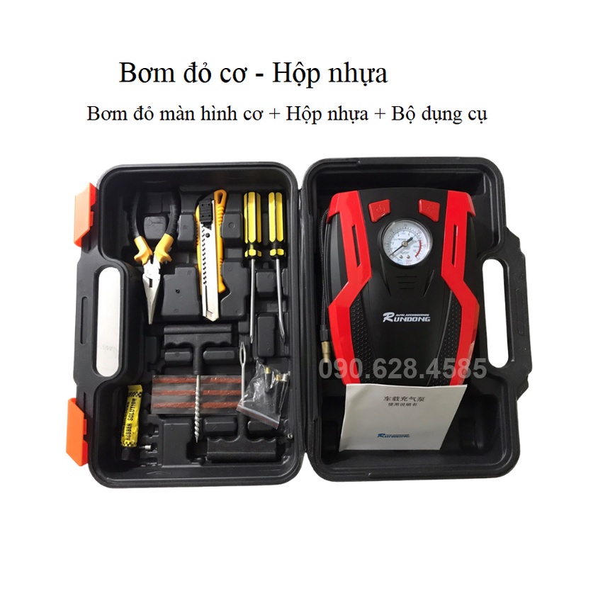 Máy bơm lốp xe Ô tô tăng áp 12V Mini điện tử Tự Ngắt Rundong AC.980F kết hợp bộ dụng cụ sửa xe đa năngg