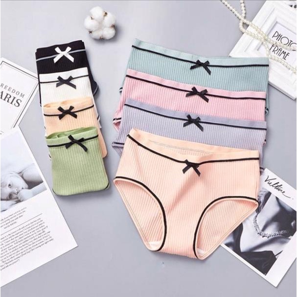 [Giá sỉ] Quần Lót Cotton Gân Tăm Viền Kẻ Phối Nơ