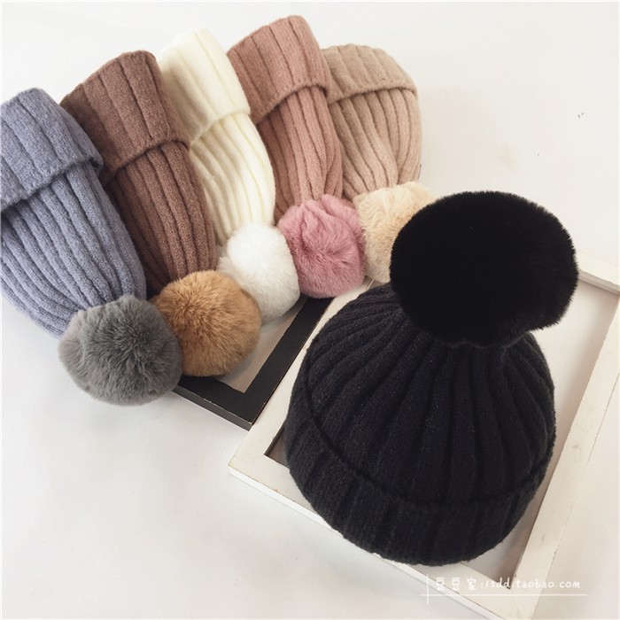 Mũ Len Dệt Kim Màu Trơn Đính Quả Bông Phong Cách Thời Trang Hàn Quốc
