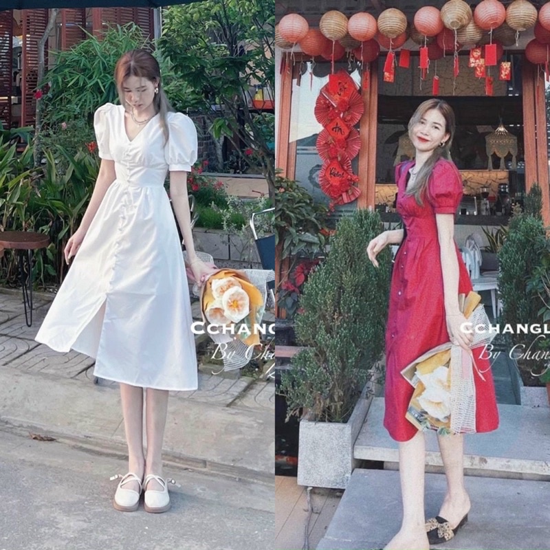 ĐẦM CỔ V MIDI NÚT BỌC TAY BÚP