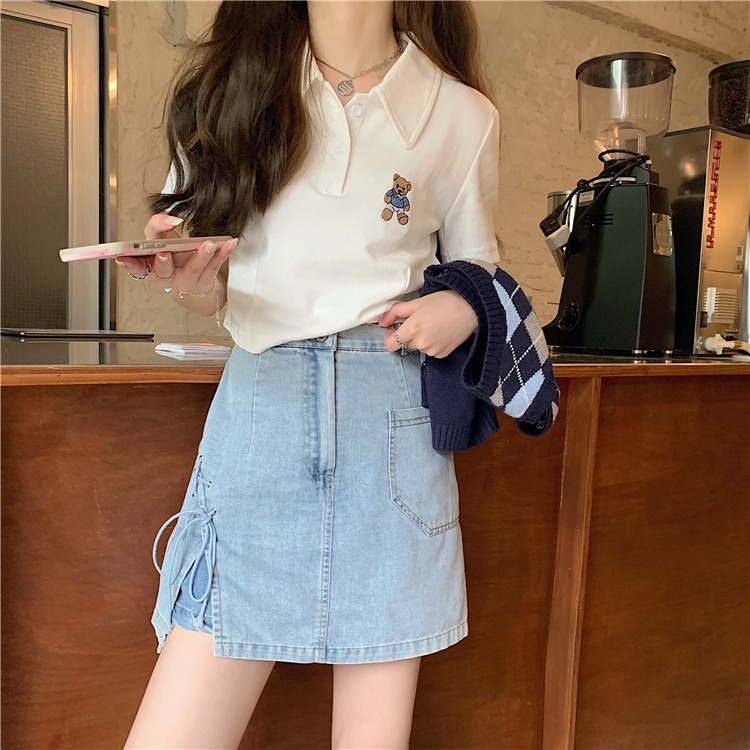 Áo thun polo ZHELIHANGFEI dệt kim tay ngắn in hình gấu dễ thương cho nữ