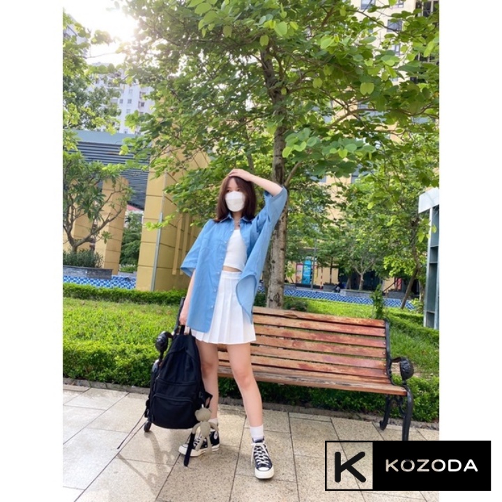 Áo Sơ Mi Nữ form rộng denim  Kiểu Màu xanh nhạt đậm đẹp ngắn tay ulzzang vintage hàn quốc cao cấp trơn kozoda SM45 | BigBuy360 - bigbuy360.vn