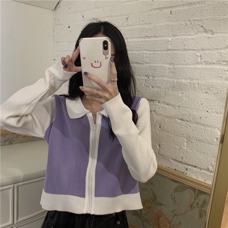 Áo Khoác cardigan Dệt Kim Tay Dài Có Khóa Kéo Màu Sắc Tương Phản Phong Cách Hàn Quốc Thời Trang Cho