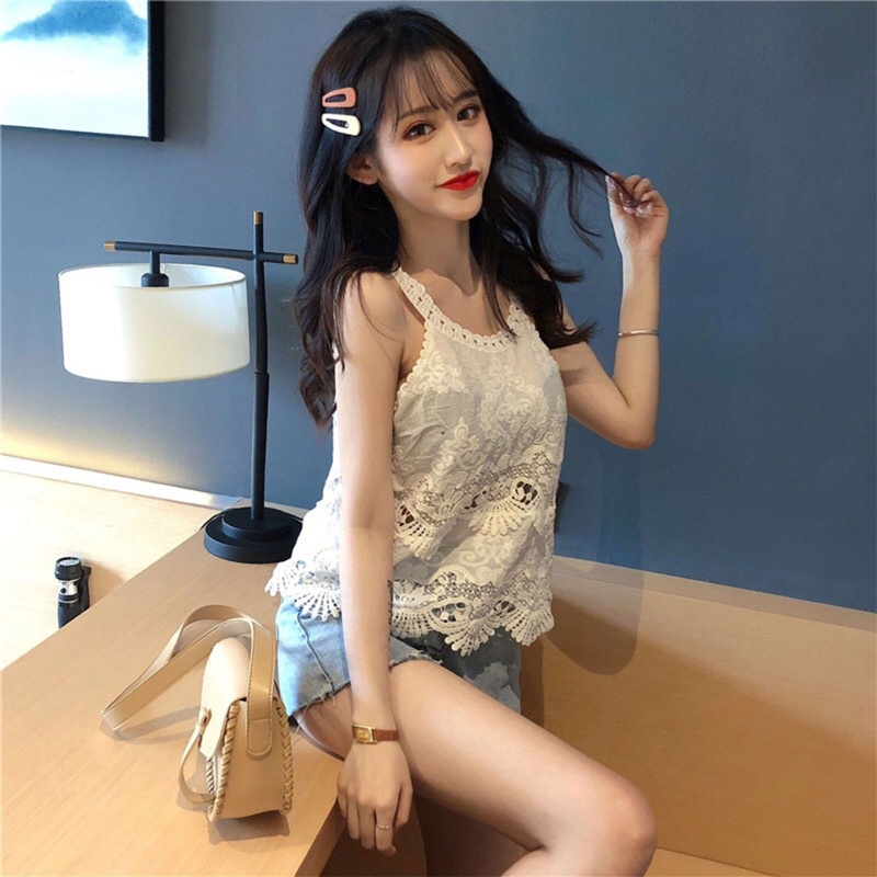 Áo Hai Dây Thêu Hoa Phối Ren Rỗng Phong Cách Harajuku Thời Trang Mùa Hè Cho Nữ