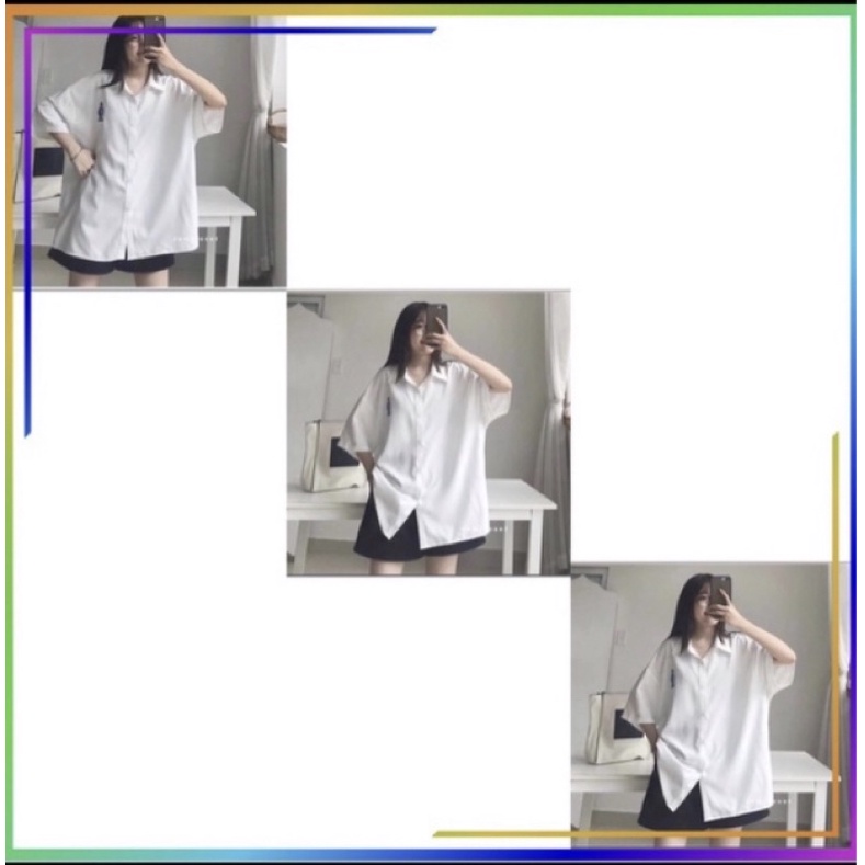 Áo sơ mi trắng nữ (HÀNG CAO CẤP), Áo sơ mi nữ trắng  thêu gấu bassic 2 màu trắng/đen dáng rộng unisex siêu đẹp.