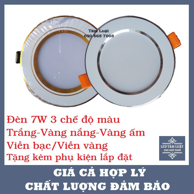 Đèn Led Âm Trần Tròn 7W 3 Chế Độ Màu (Trắng-Vàng Nắng-Vàng Ấm) Viền Bạc/Viền Vàng (Azled Shop)
