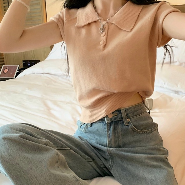 【ZHELIHANGFEI】Áo Thun POLO Dệt Kim Tay Ngắn Dáng Rộng Dễ Phối Đồ