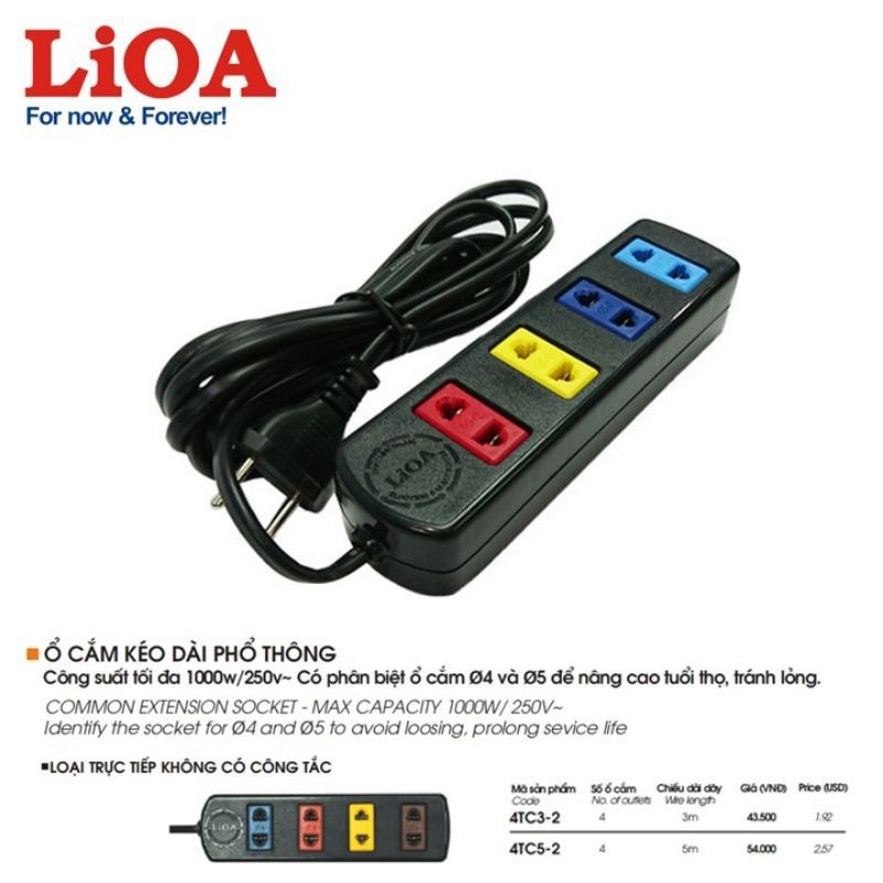 [4TC3/4TC5] Ổ cắm điện LiOA 4 ổ cắm dây 3m và 5m