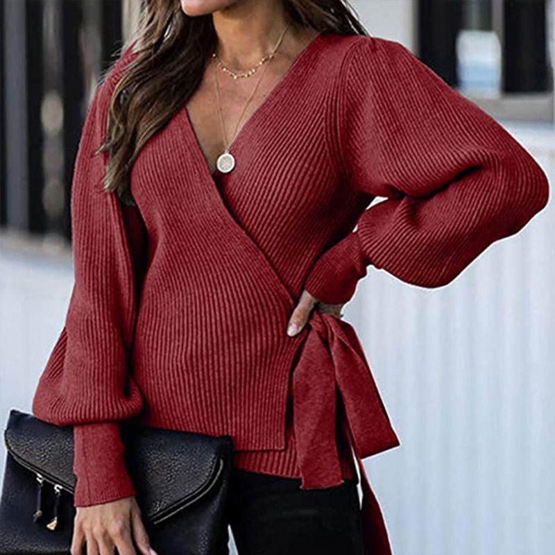 Áo Sweater Dệt Kim Chui Đầu Cổ Chữ V Tay Dài Phồng Màu Trơn Có Đai Thắt Lưng Gợi Cảm Cho Nữ