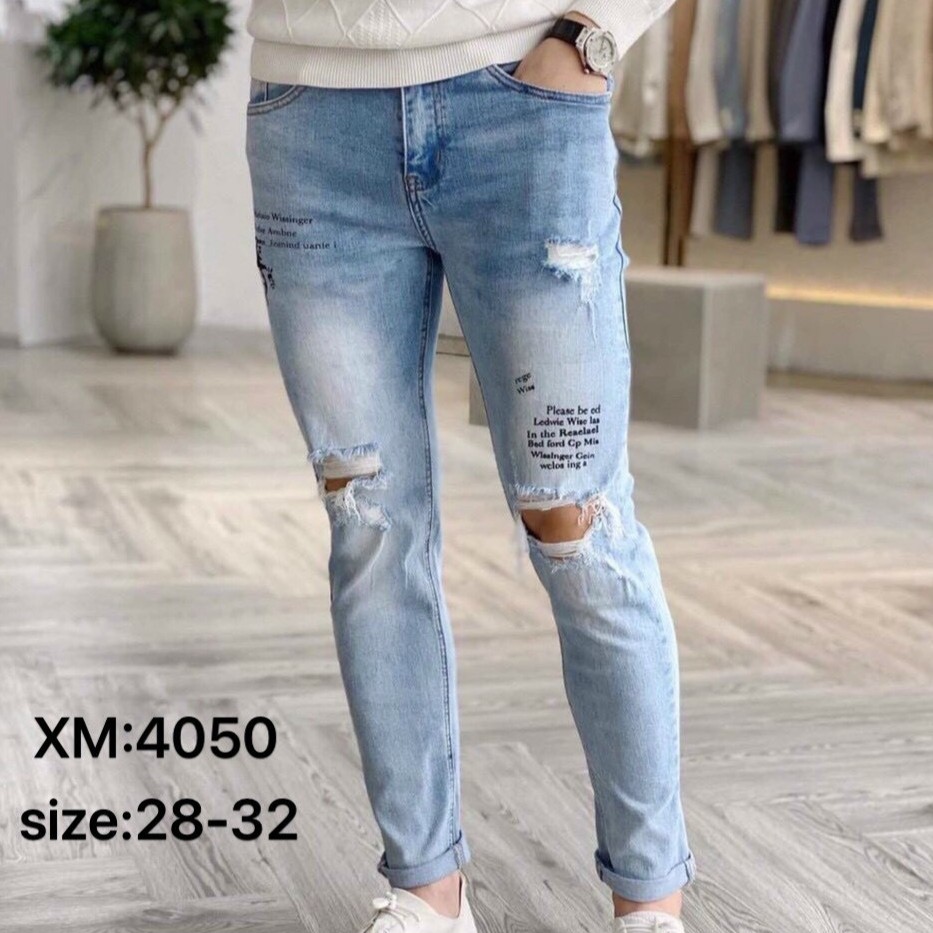 Quần jean nam đẹp co giãn rách gối xanh chất bò cao cấp mẫu mới nhất AHFASHION MS4050 | BigBuy360 - bigbuy360.vn