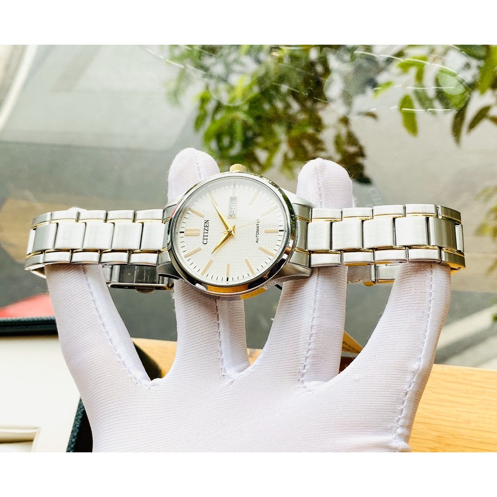 Đồng hồ Nam Citizen Automatic NH7524-55A Demi vàng,Mặt trắng,Lịch thứ ngày-Máy cơ tự động-Dây kim loại cao cấp-Size 40mm