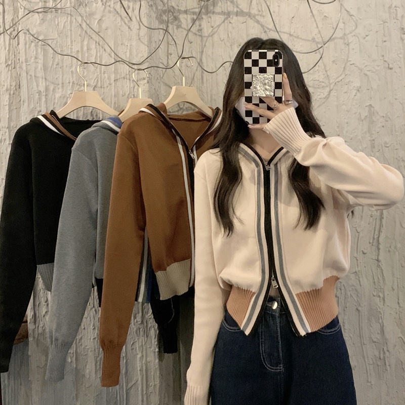 Áo khoác cardigan dệt kim tay dài kiểu khóa kéo đôi hợp thời trang cho nữ
