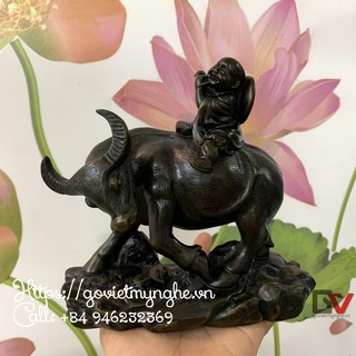 [Tượng con trâu] Tượng đá trang trí mục đồng cưỡi Trâu phong thủy - Chiều cao 17cm - Màu Nâu Đen - Đá Composite