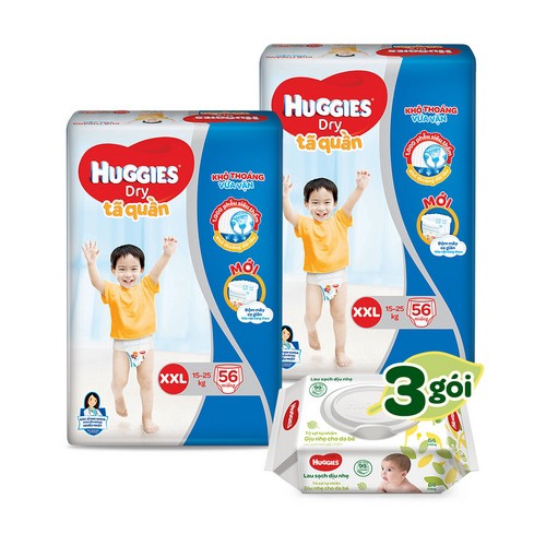 [Tặng 3 gói khăn ướt 64 miếng] Combo 2 Tã quần HUGGIES DRY PANTS SUPER JUMBO M74/L68/XL62/XXL56