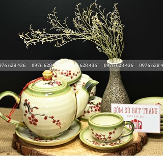 ấm chén bát tràng 🍀 𝗙𝗥𝗘𝗘 𝗦𝗛𝗜𝗣 🍀 Bộ Ấm trà Sứ Bát Tràng hoa đào đỏ Các họa tiết đều được vẽ bằng tay tỉ mỉ