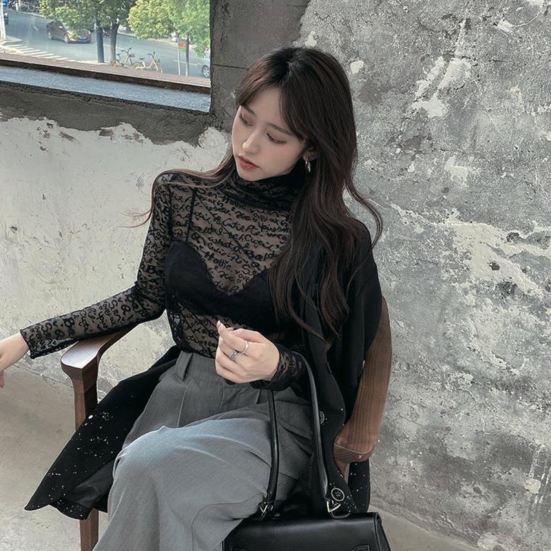 Áo sơ mi kiểu lưới nhìn thấu in chữ thời trang phương Tây thoáng khí cho nữ