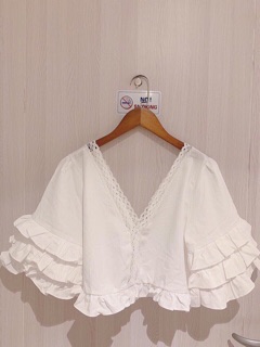 💋Áo Kiểu Cổ V Trắng Phối Ren
