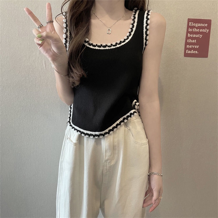 Áo IELGY dệt kim sát nách dáng rộng cổ chữ u màu tương phản thời trang cho nữ