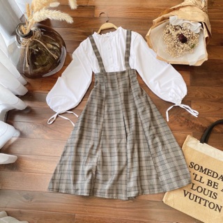 Set sơ mi trắng tay nơ + yếm caro