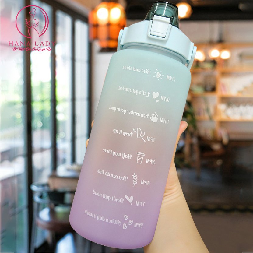 Bình nước thể thao tập gym - Bình đựng nước ombre đáng yêu 2L có vạch báo giờ uống nước tiện dụng
