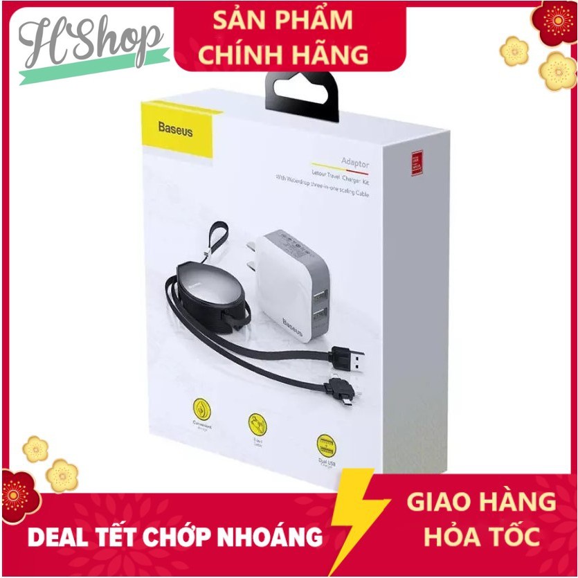Bộ cốc sạc và dây sạc Baseus 2 cổng USB 2.4A kèm cáp dây rút 3 đầu(Cáp 3in1 Micro + + Type C)