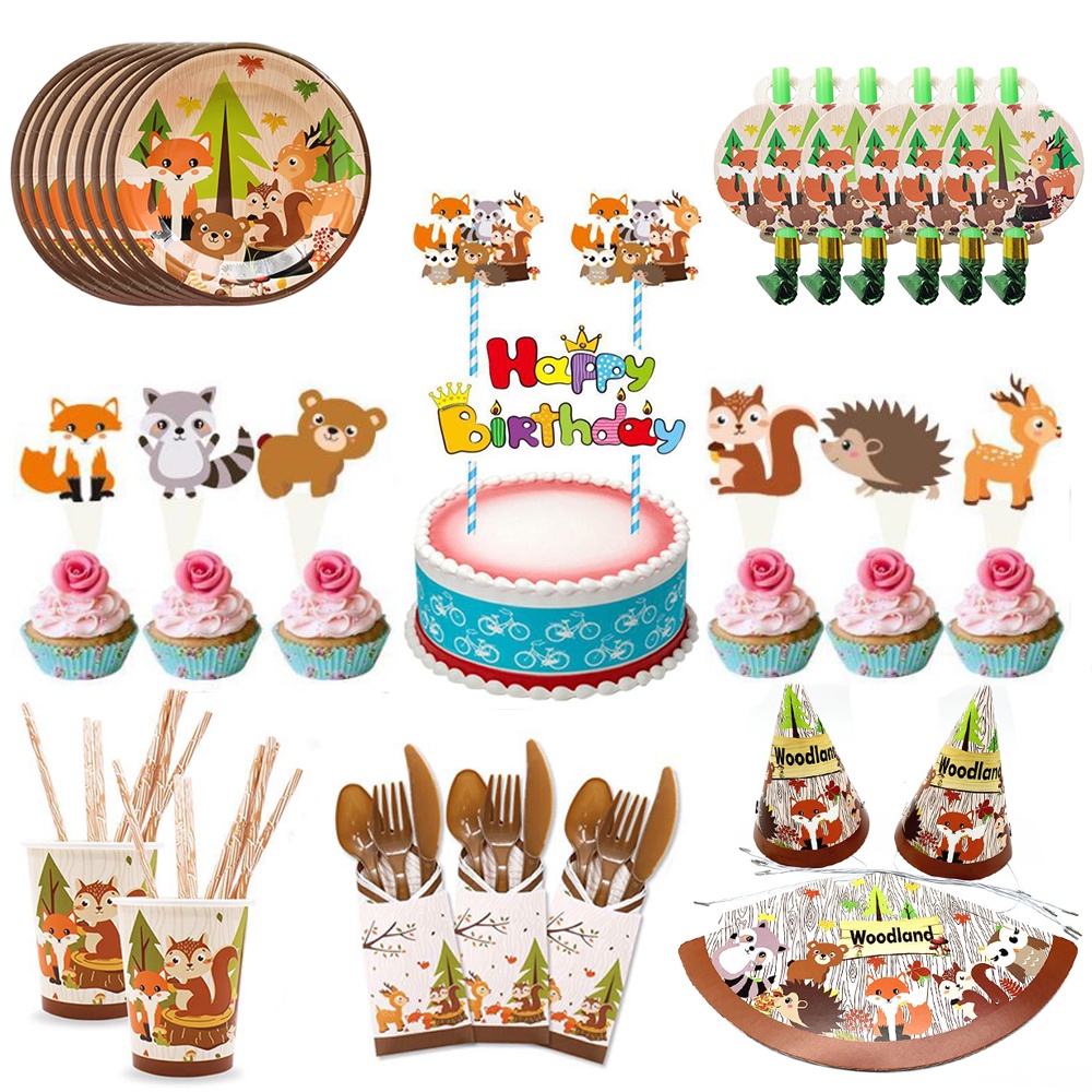 Children Cartoon Animal Birthday Party Decoration Zoo Fox Bear Banner Disposable Tableware Party Decorations