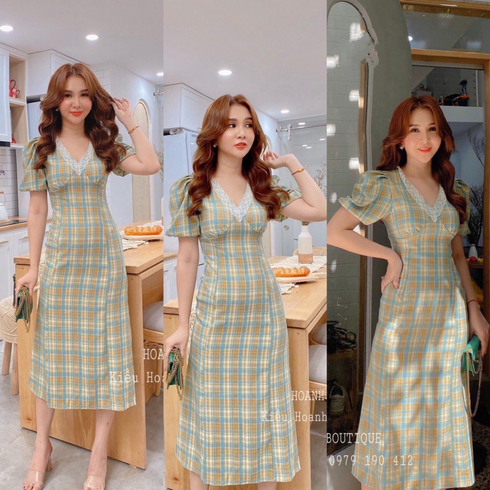 (Giá Gốc) VÁY KẺ XANH DÀI CỔ REN GAGA - ĐẦM MAXI CARO XANH REN NGỰC QUẢNG CHÂU -👗TTshop👑