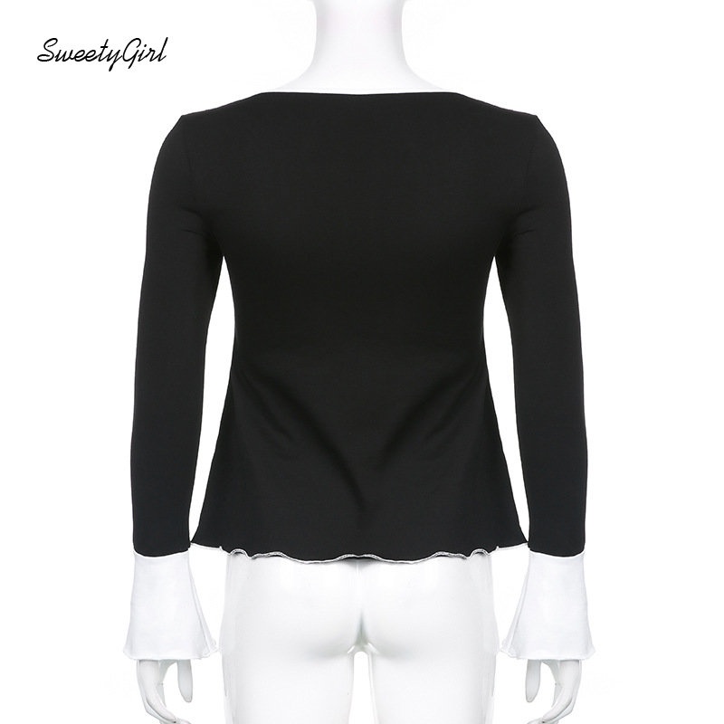 Áo Thun Tay Dài Cổ Vuông Cắt Sâu Ôm Dáng Phối Màu Tương Phản Thời Trang 2022 Cho Nữ