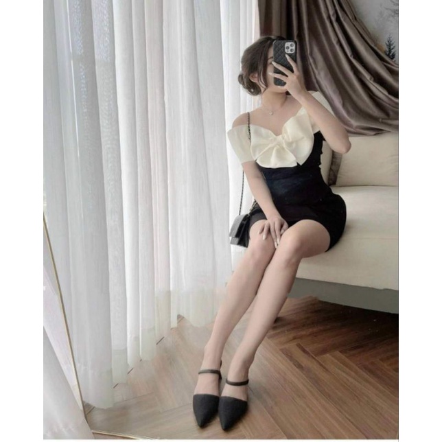 ĐẦM ĐEN BẸT VAI VIỀN NUDE NƠ NGỰC FORM NGẮN
