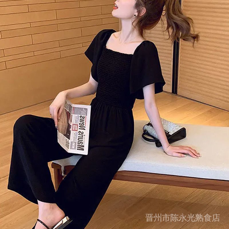 Áo Liền Quần Ống Rộng Cổ Vuông Màu Đen Thời Trang Mùa Hè 2022 Cho Nữáo kiểu hàn quốc mùa hè