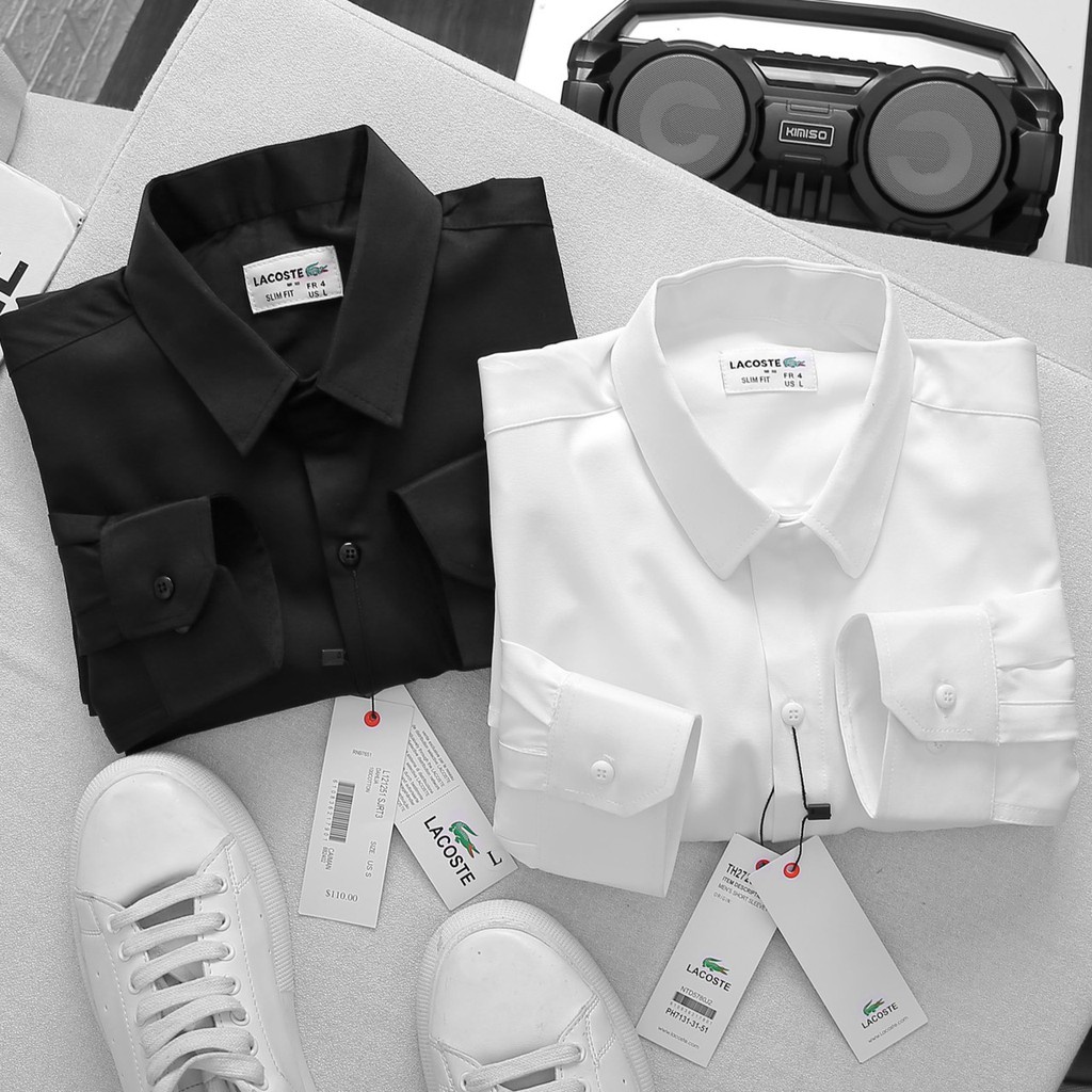 Áo Sơ Mi Tay Dài Cổ Bẻ Hai Màu Trắng, Đen Ôm Dáng, Cotton Lụa Co Giãn