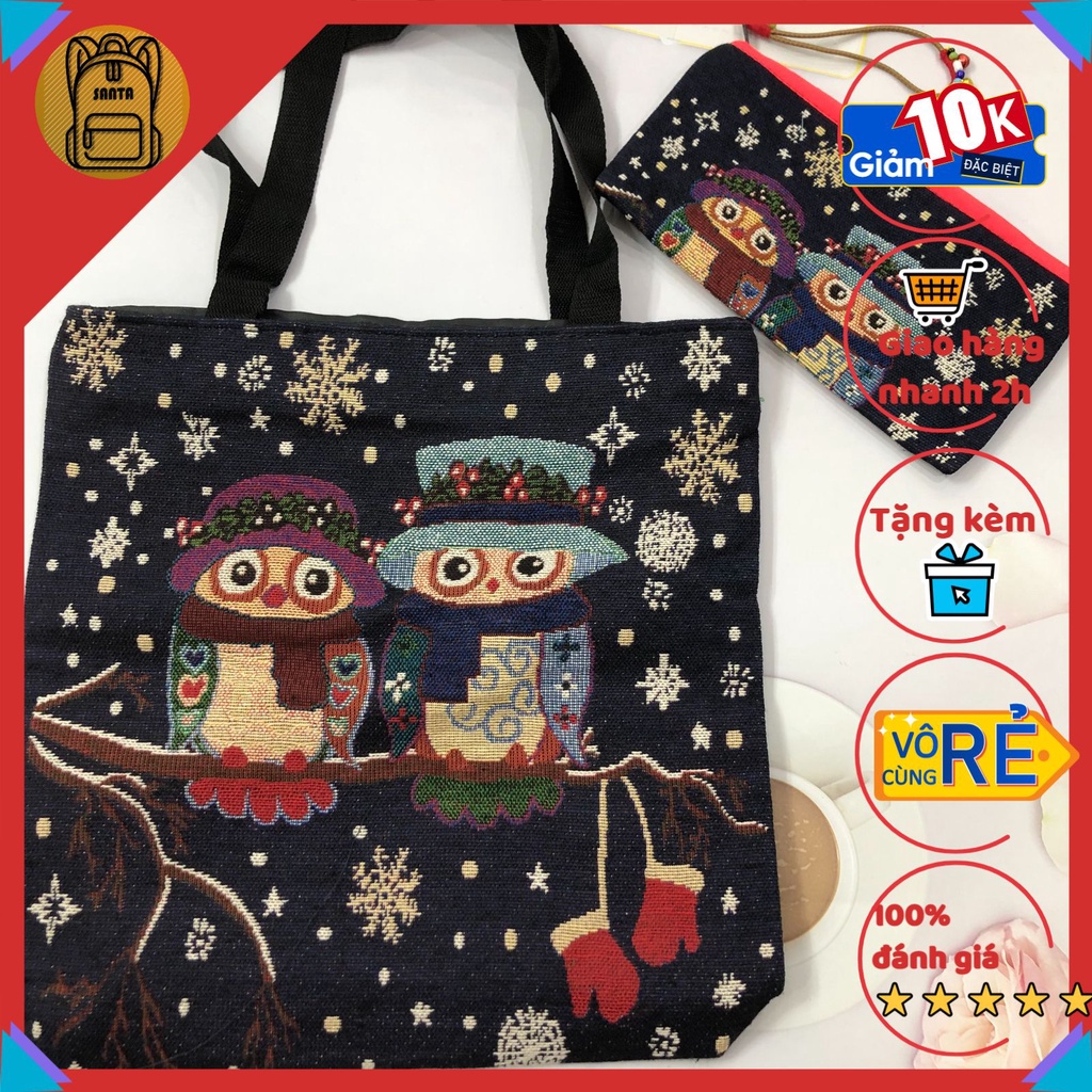 Túi thổ cẩm tote đeo vai Set kèm ví nữ hình cú, hoa văn thời trang giá rẻ, vải canvas màu sắc Vintage giá rẻ SANTA STORE