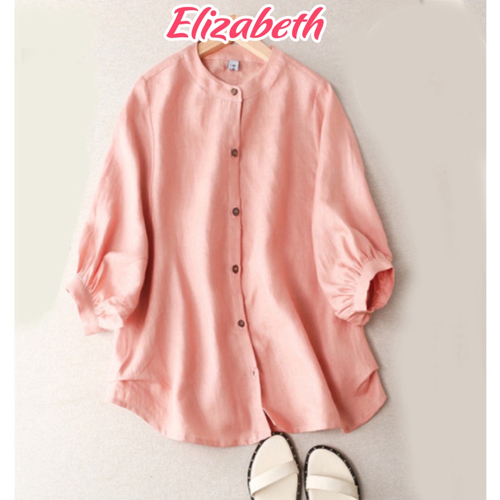 Áo sơ mi nữ cổ tròn tay lỡ form rộng bigsize Elizabeth chất liệu đũi tơ mềm nhẹ mát SMH.34